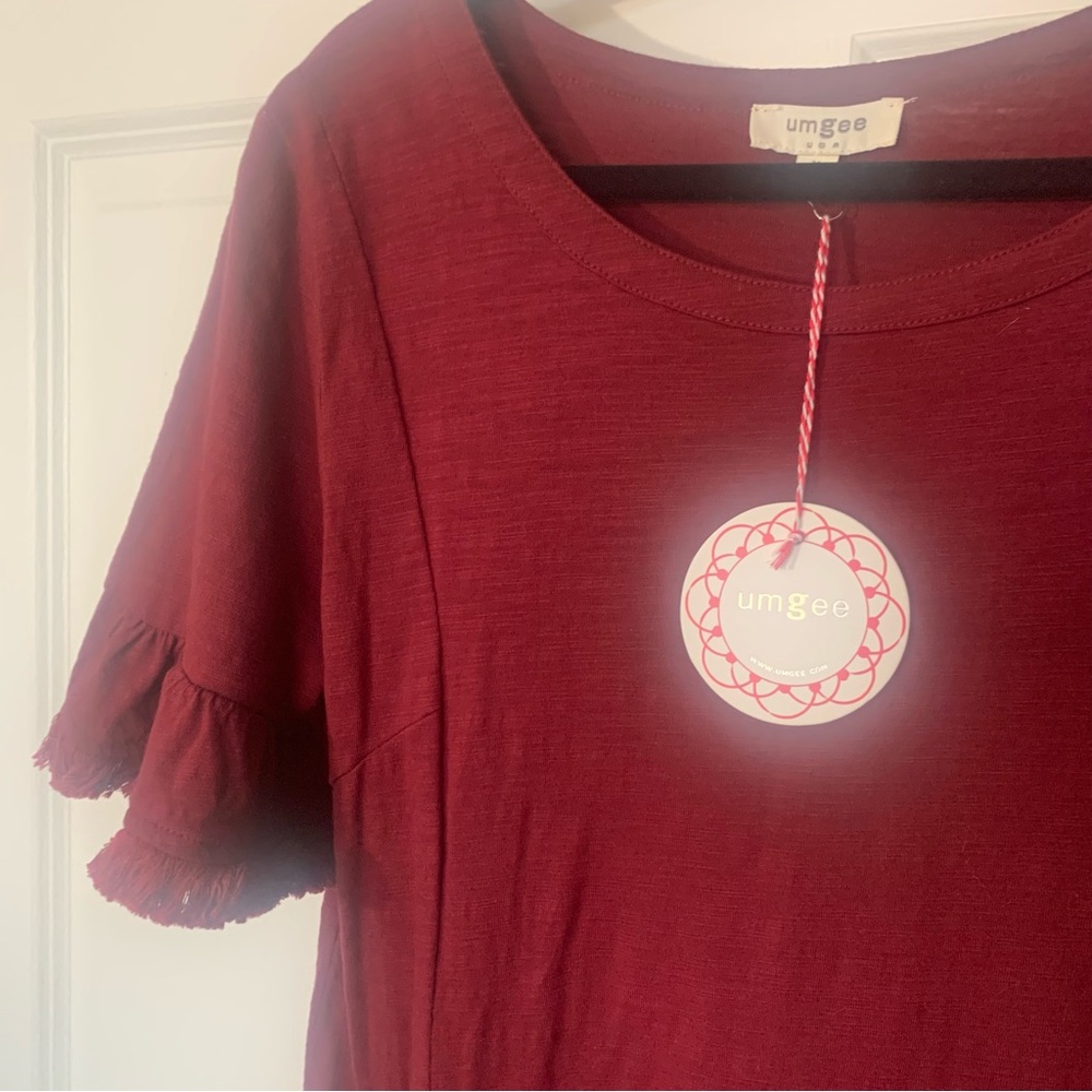 NWT Umgee Burgundy Cotton Swing Dress Raw Hem Ruffle Sleeve Pockets M Medium - Picture 4 of 8